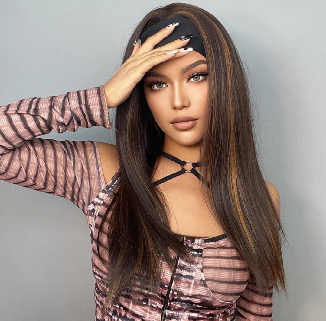 Kyra Headband Wig | Dark Brown with Golden highlights