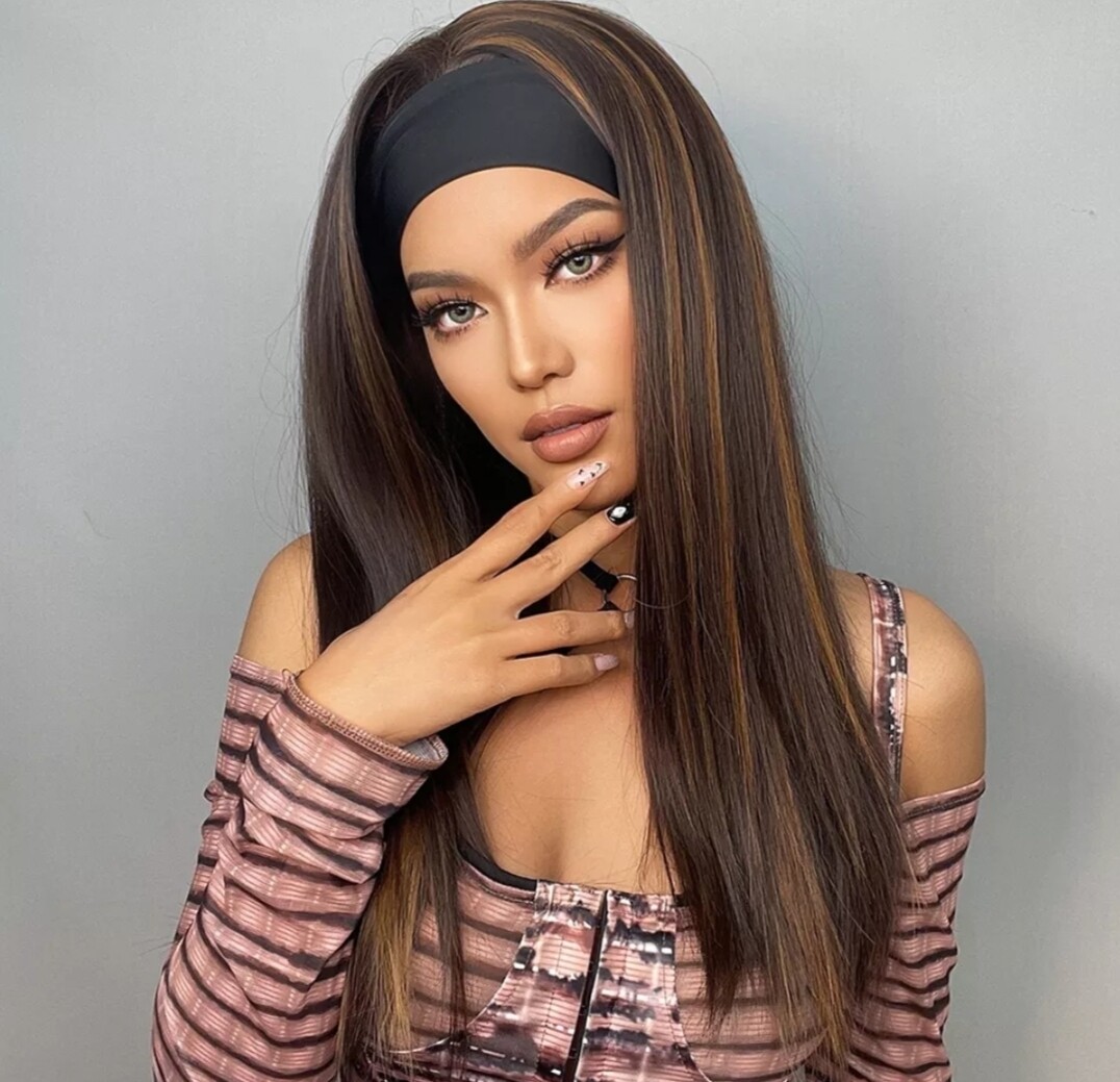 Kyra Headband Wig | Dark Brown with Golden highlights