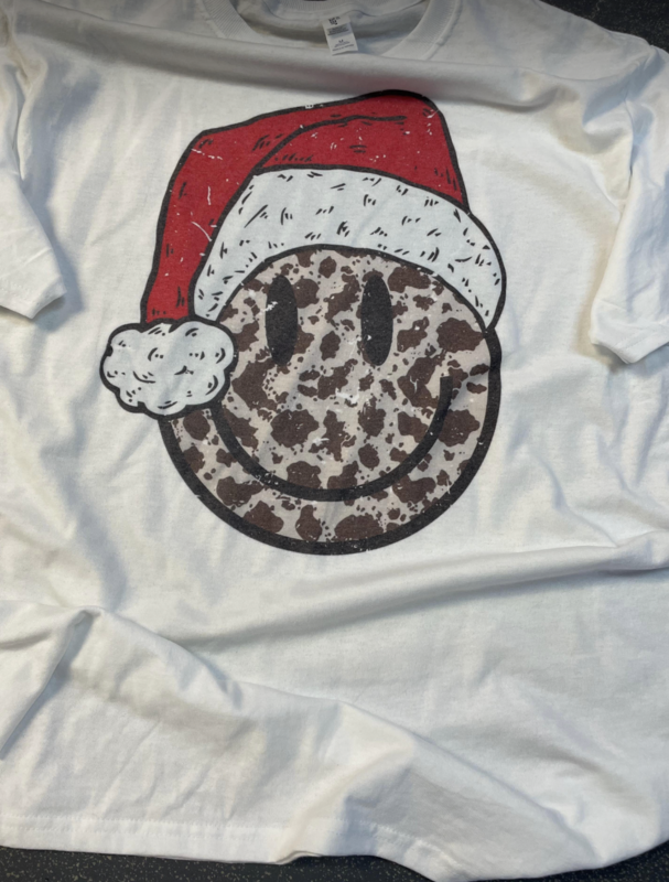 Cow Print Smiley Face with Santa Hat