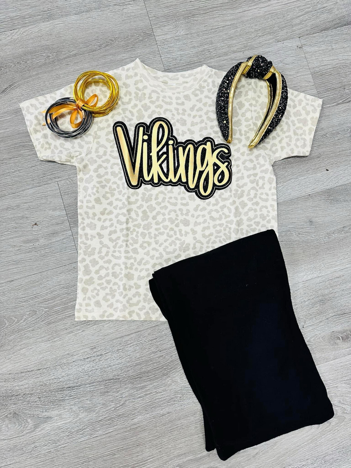 Vikings script metallic puff w glitter leopard shirt