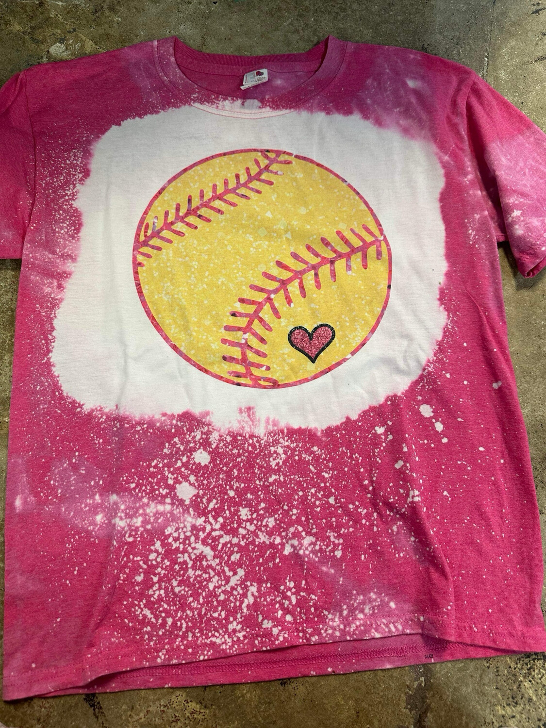 Pink stitch softball w pink glitter heart bleached