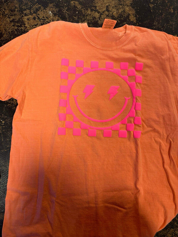 Checkered lightening bolt eyes smiley puff