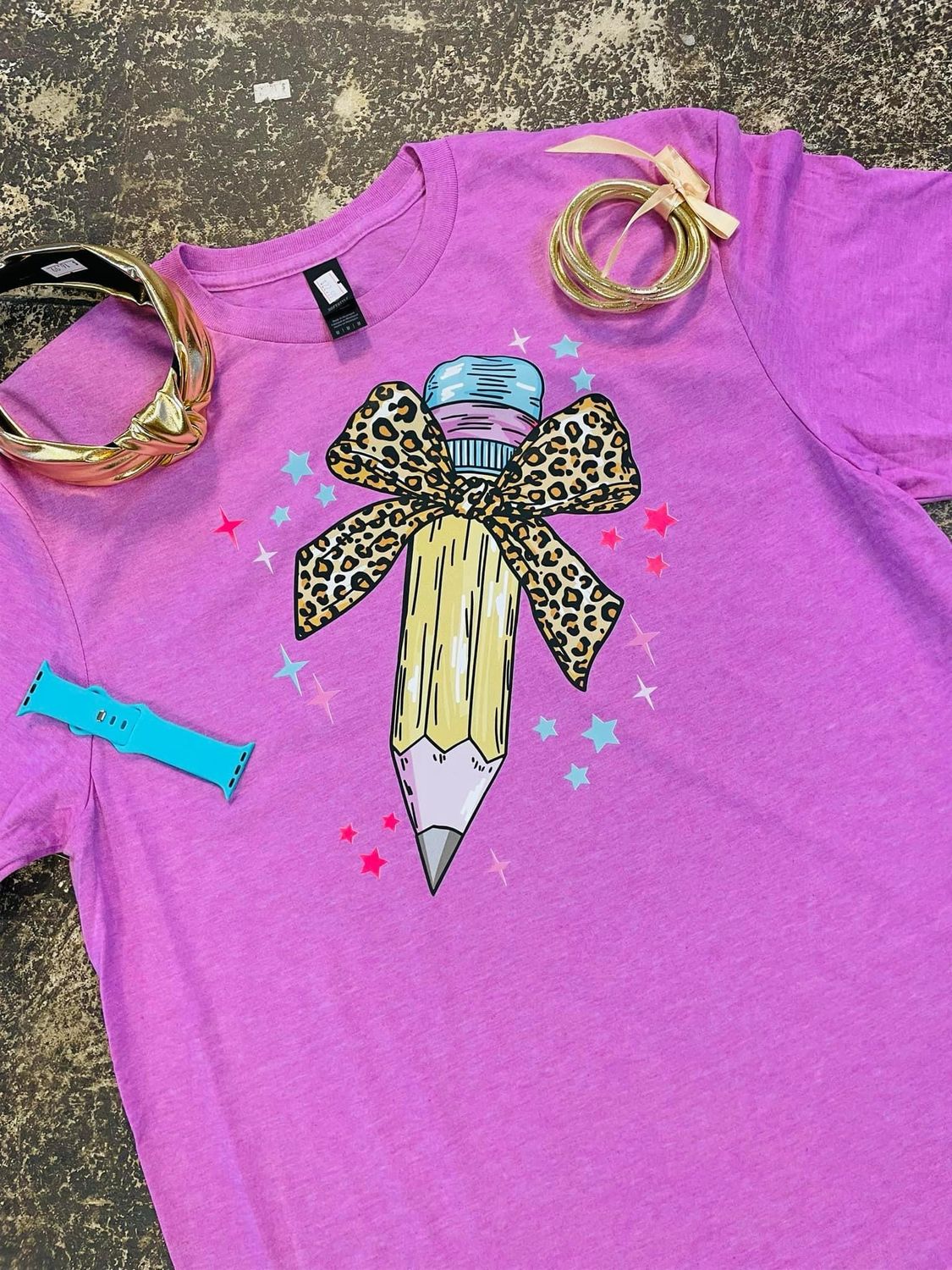 Teacher Pencil W Leopard Bow Transfer