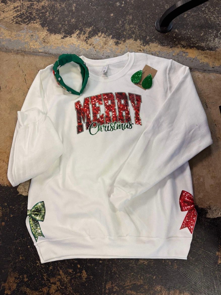 merry christmas sweatshirt with side bows