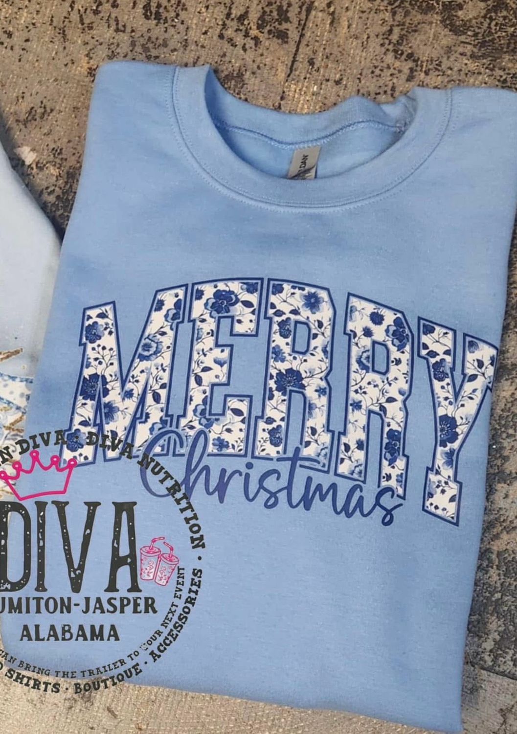 blue floral merry Christmas transfer