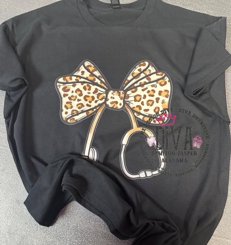 Nurse Leopard Print Bow Tshirt