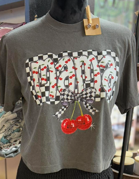 black and white checkered- cherry mama- checkered bow- crop top