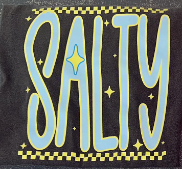 Salty in light blue with yellow outline checkered boarder