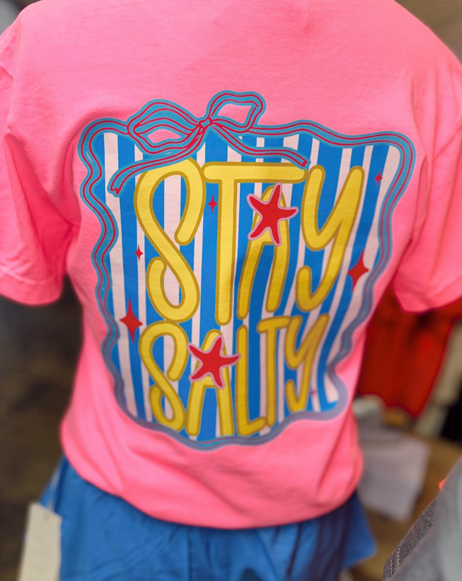 Stay Salty blue and white striped bow border Back and Front Pocket Designs