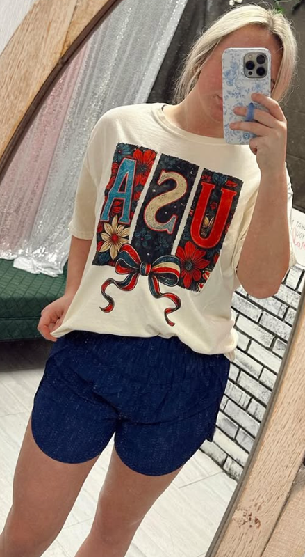 USA 3block red and white flower with red white and blue strip bow