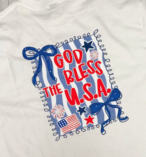 God Bless The USA Squiggle Board Blue Bow with Blue Bow Pocket Design