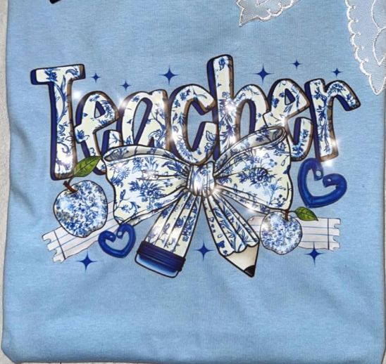 blue floral teacher pencil bow