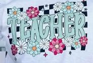 Teacher with flowers and checkered background
