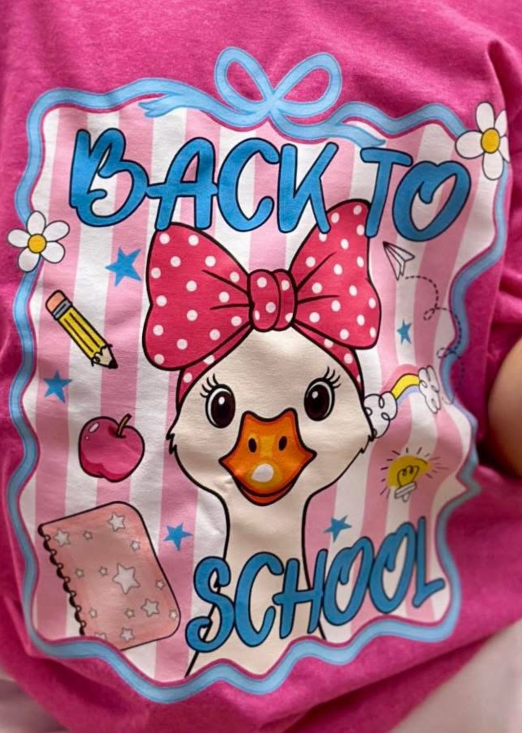 Back To School Goose With Bow Blue Ribbon Boarder With Pink And White Strip Background