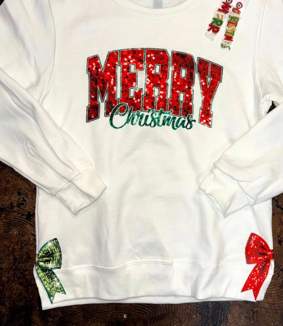 Merry Christmas Glitter With Bow Cut Sides Sweatshirt
