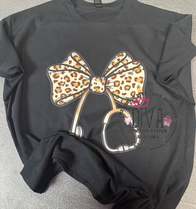 Nurse Leopard Print Bow Tshirt
