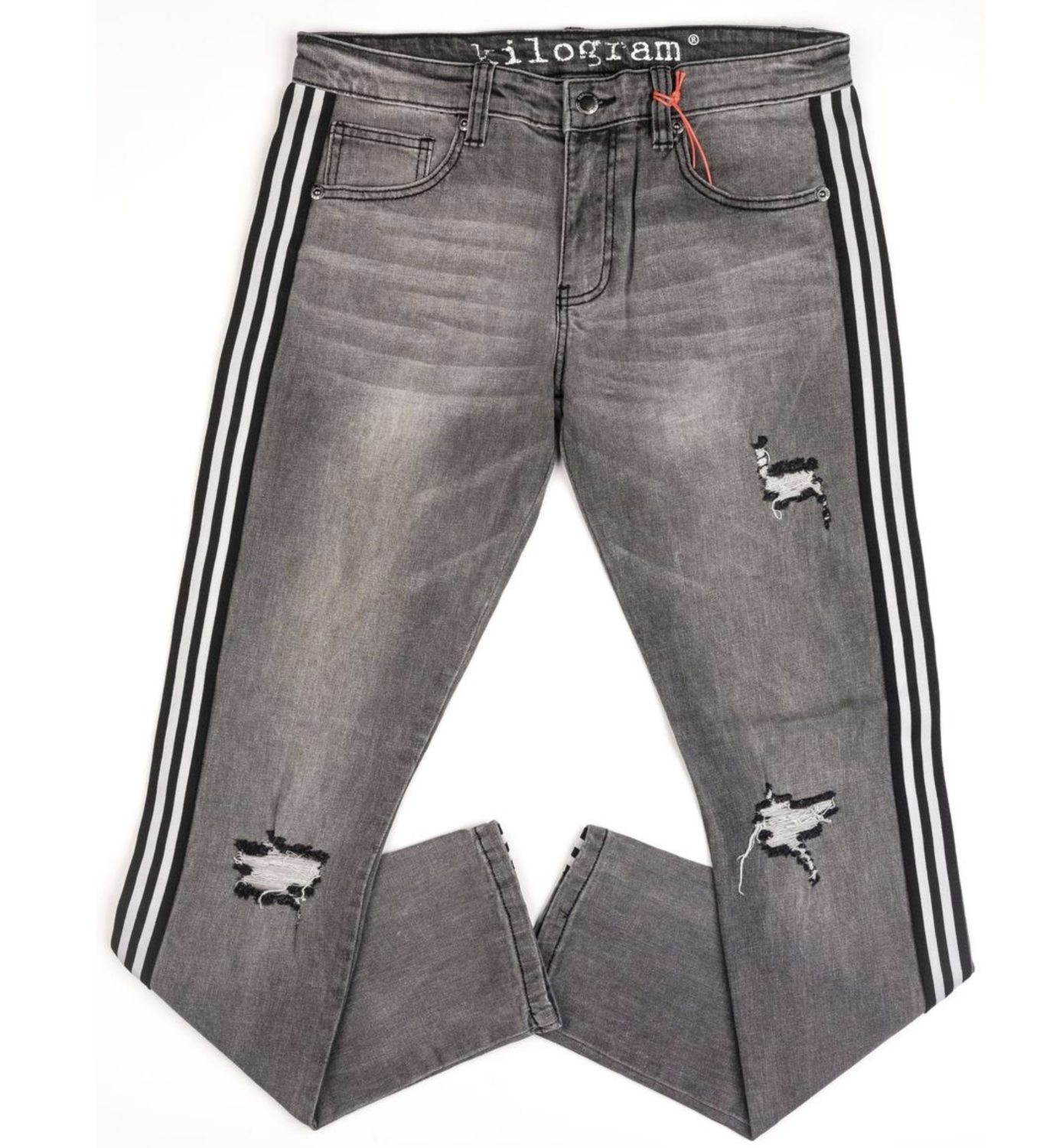 Kilogram Denim Jeans in Gray Wash w/ Black &amp; White Stripe
