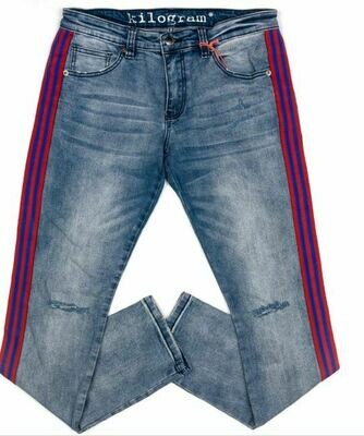 Kilogram Denim Jeans in Medium Blue w/ Red &amp; Blue Stripes