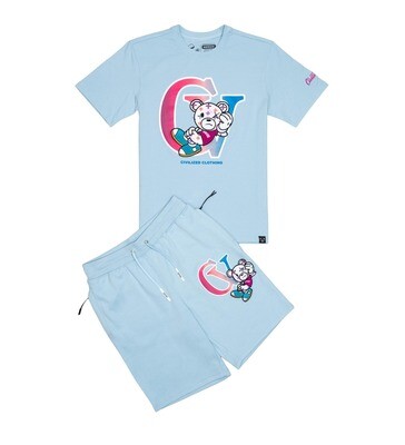 Civilized Bear Logo T-Shirt &amp; Short Set (Lt Blue)