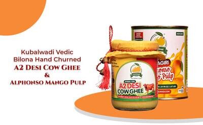 Combo - Kubalwadi Vedic Bilona Hand Churned A2 Desi Cow Ghee &amp; Ratnagiri Alphonso Mango Pulp