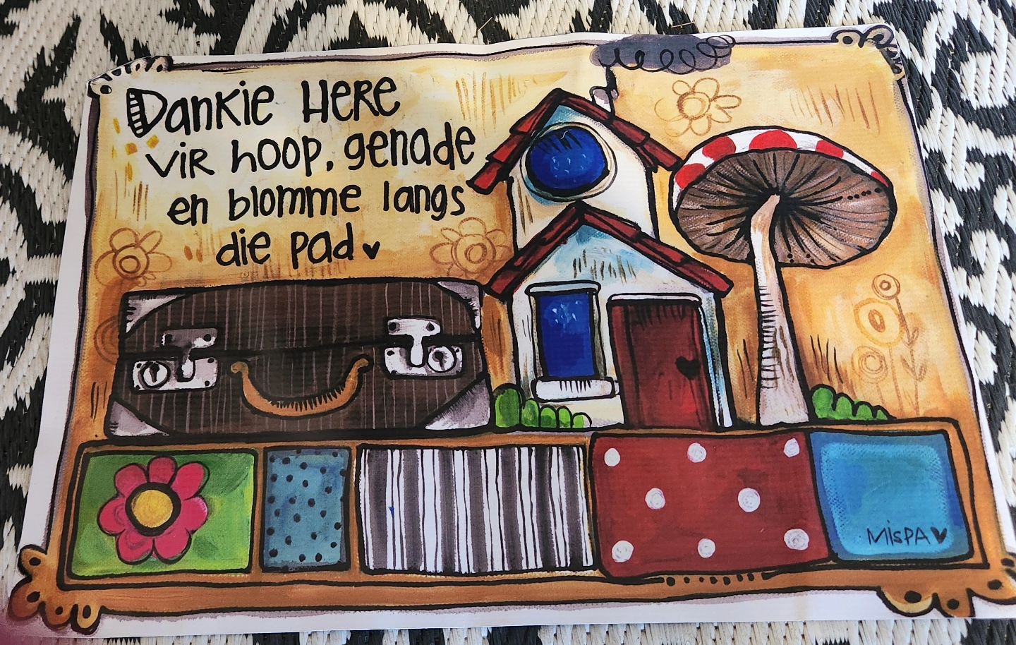 DANKIE HERE VIR HOOP, GENADE EN BLOMME LANGS DIE PAD -VINYL PLACEMAT