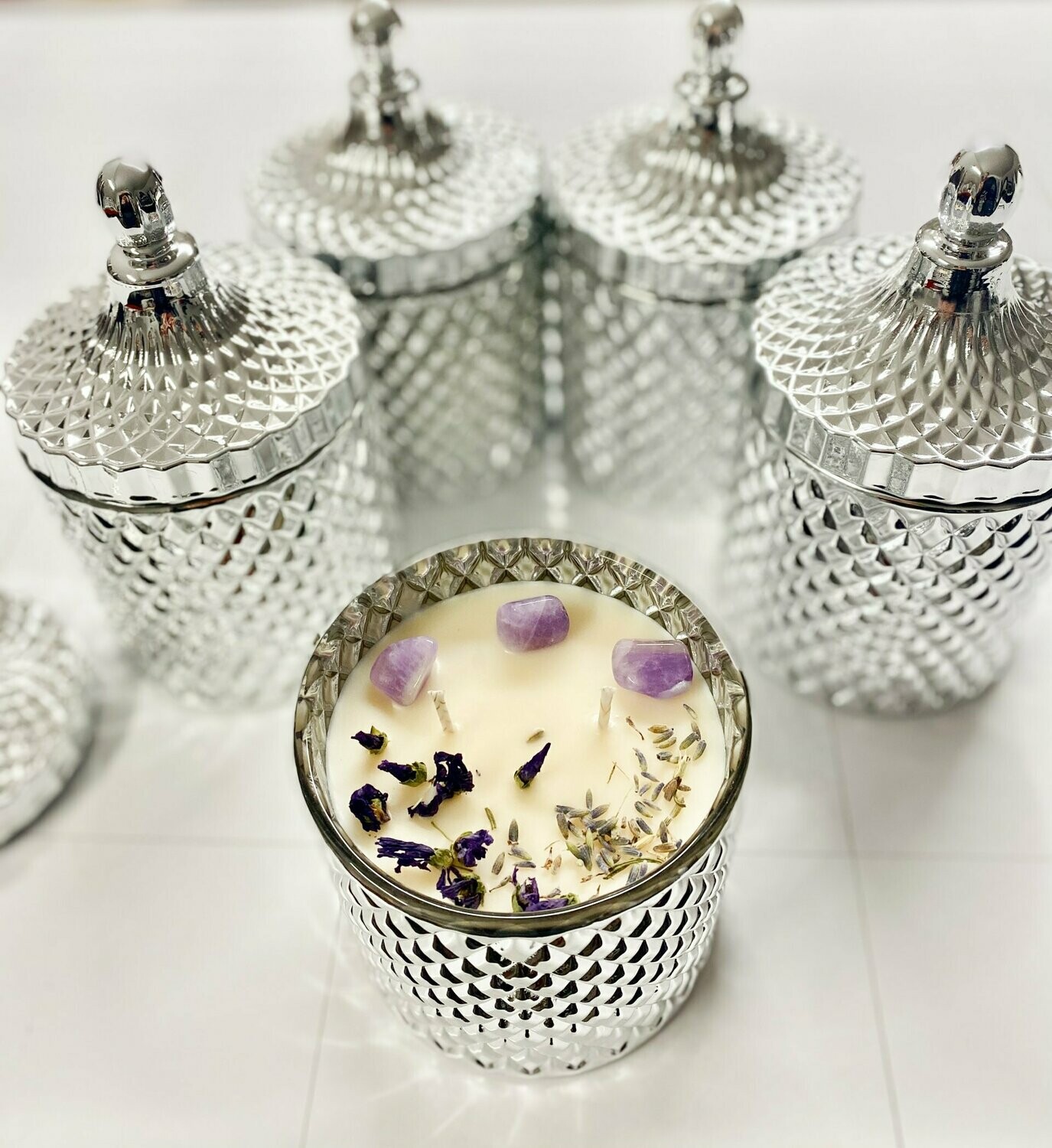 Amethyst Crystal Candle 50cl  silver geo glass