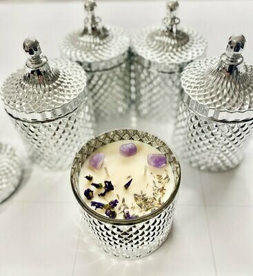 Amethyst Crystal Candle 50cl silver geo glass