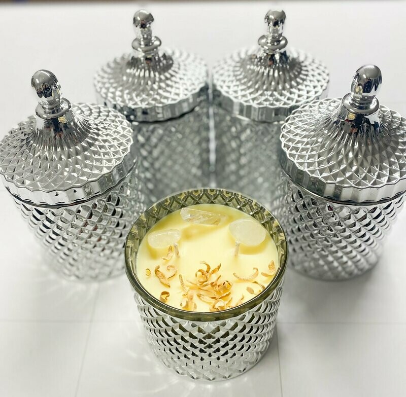 Cleansing Clear Quartz Crystal Candle 50cl silver geo