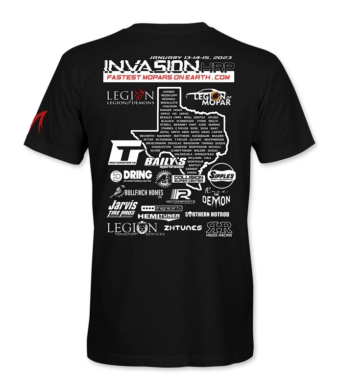 INVASION HRP FASTEST MOPARS ON EARTH 2023 EVENT T-SHIRT (BLACK OR DEEP GRAY - OUR CHOICE)