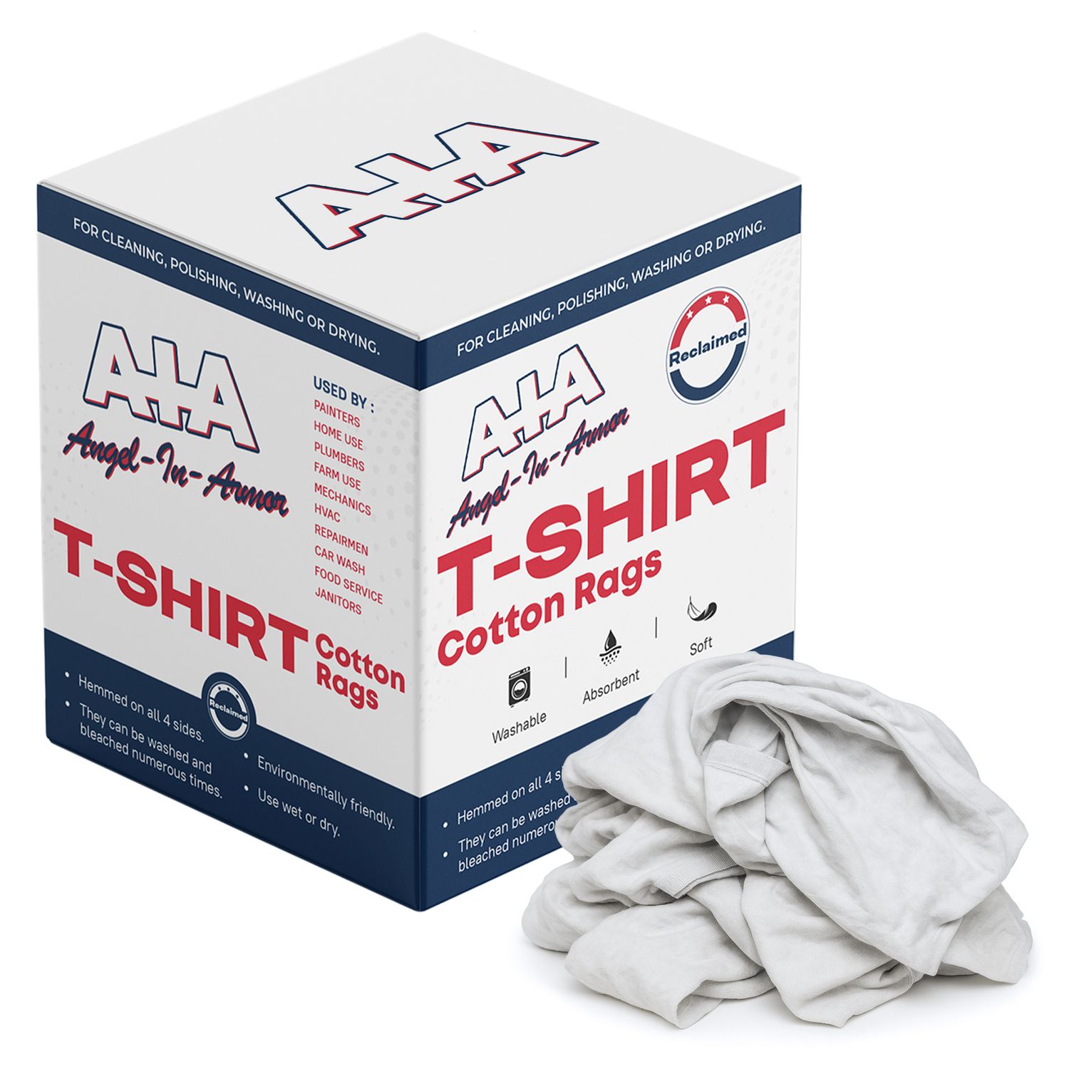 Angel-in-Armor White T-Shirt Rags – 50lb Bulk Box of Recycled Cotton Knit Shop Rags