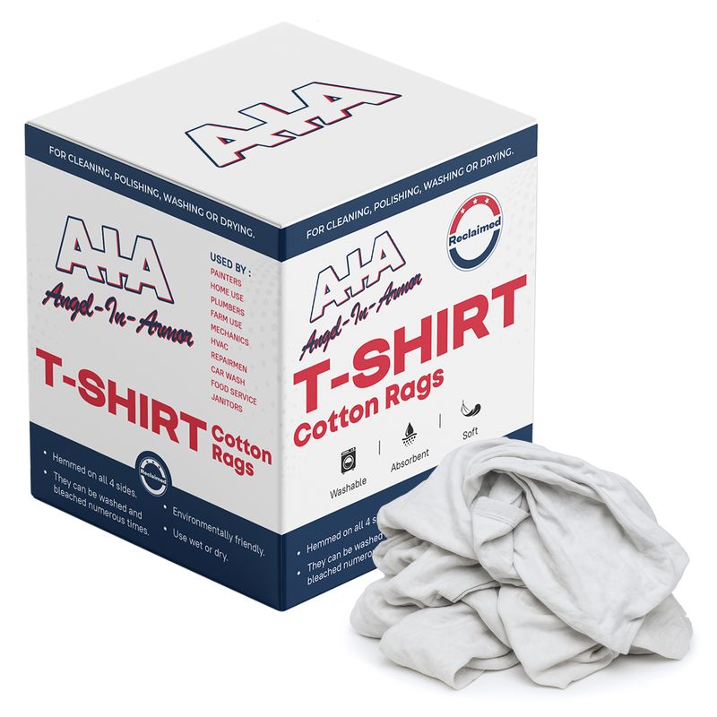 Angel-in-Armor White T-Shirt Rags – 50lb Bulk Box of Recycled Cotton Knit Shop Rags