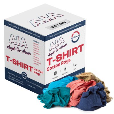 Angel-in-Armor Colored T-Shirt Rags – 25lb Bulk Box of Recycled Cotton Knit Shop Rags