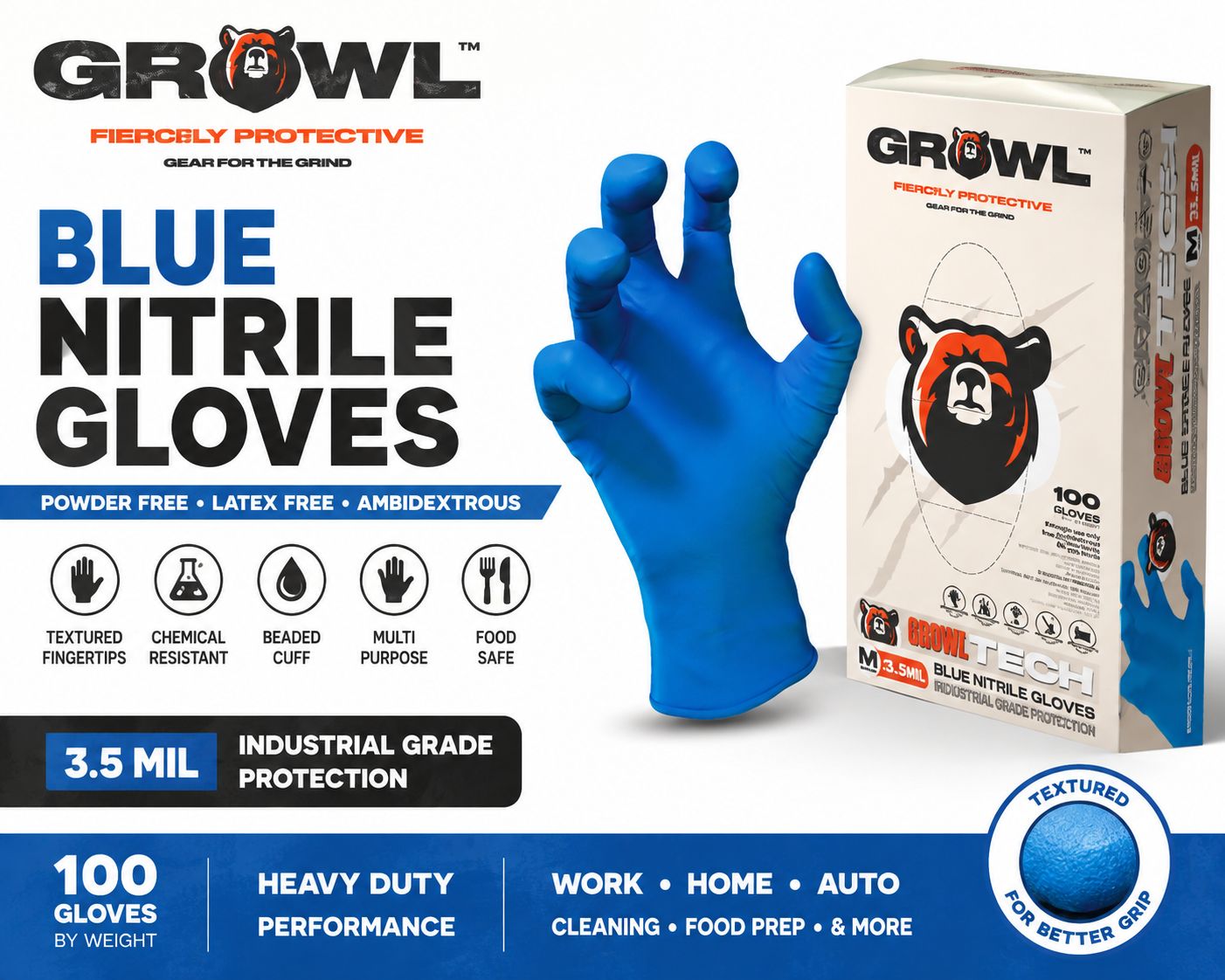 Blue Nitrile Disposable Gloves, 3.5 Mil, 1,000 Gloves, 10 Boxes of 100