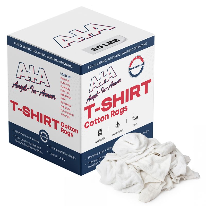 White T-Shirt Rags – 25lb Bulk Box of Recycled Cotton Knit Shop Rags