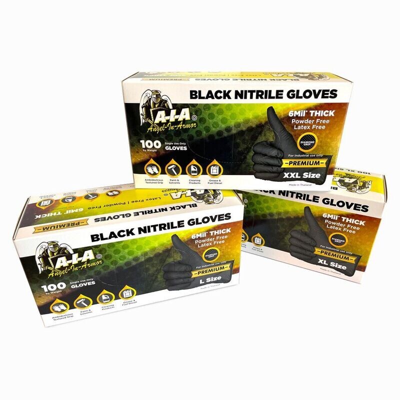 Premium Black Nitrile Disposable Gloves – 6mm Thick, Raised Diamond Grip