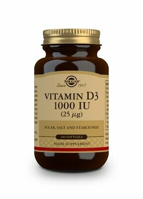 SOLGAR Vitamina D3 1000 UI (25 μg) (Aceite de Hígado de Pescado y Colecalciferol) - 100 cápsulas blandas