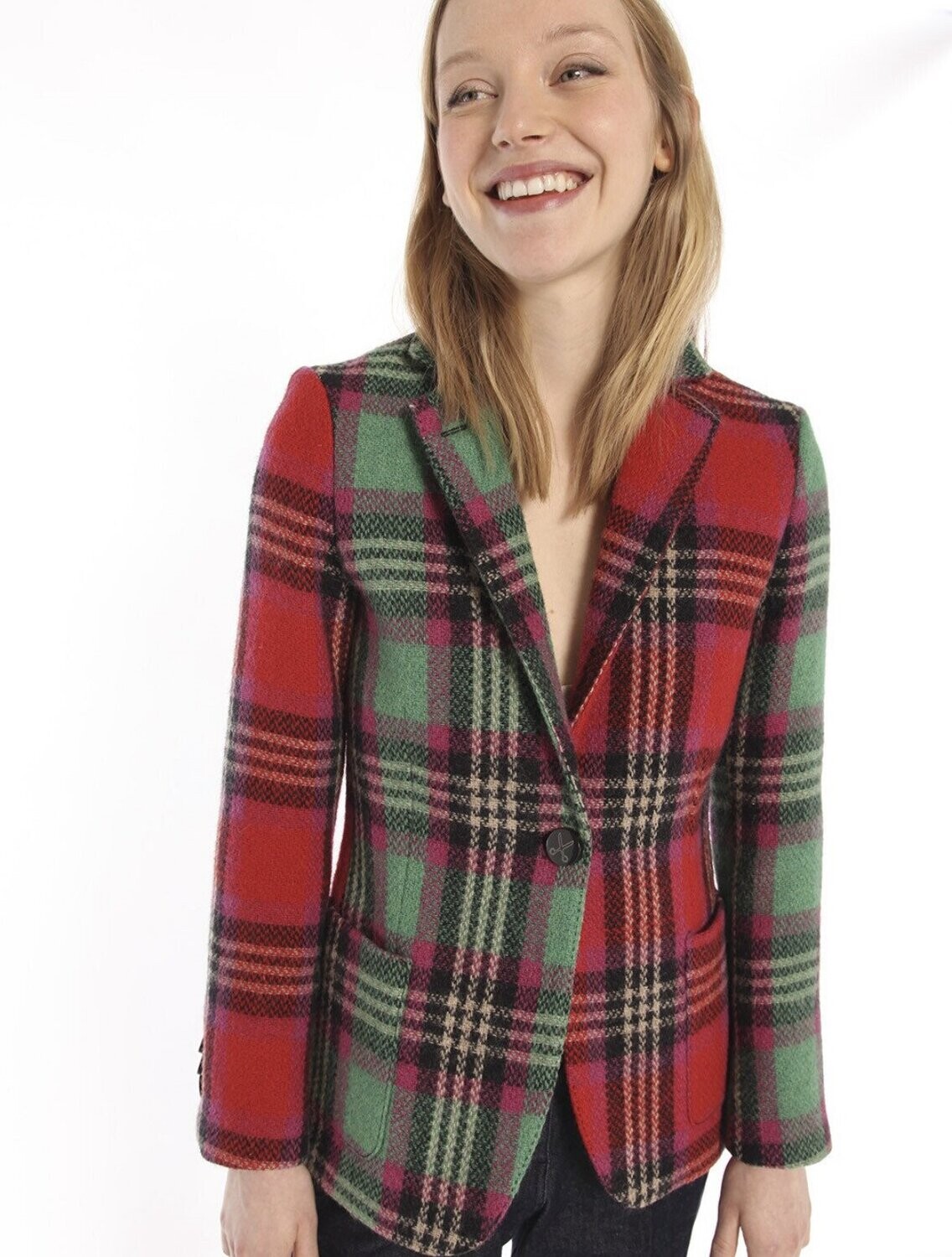 green and red plaid blazer