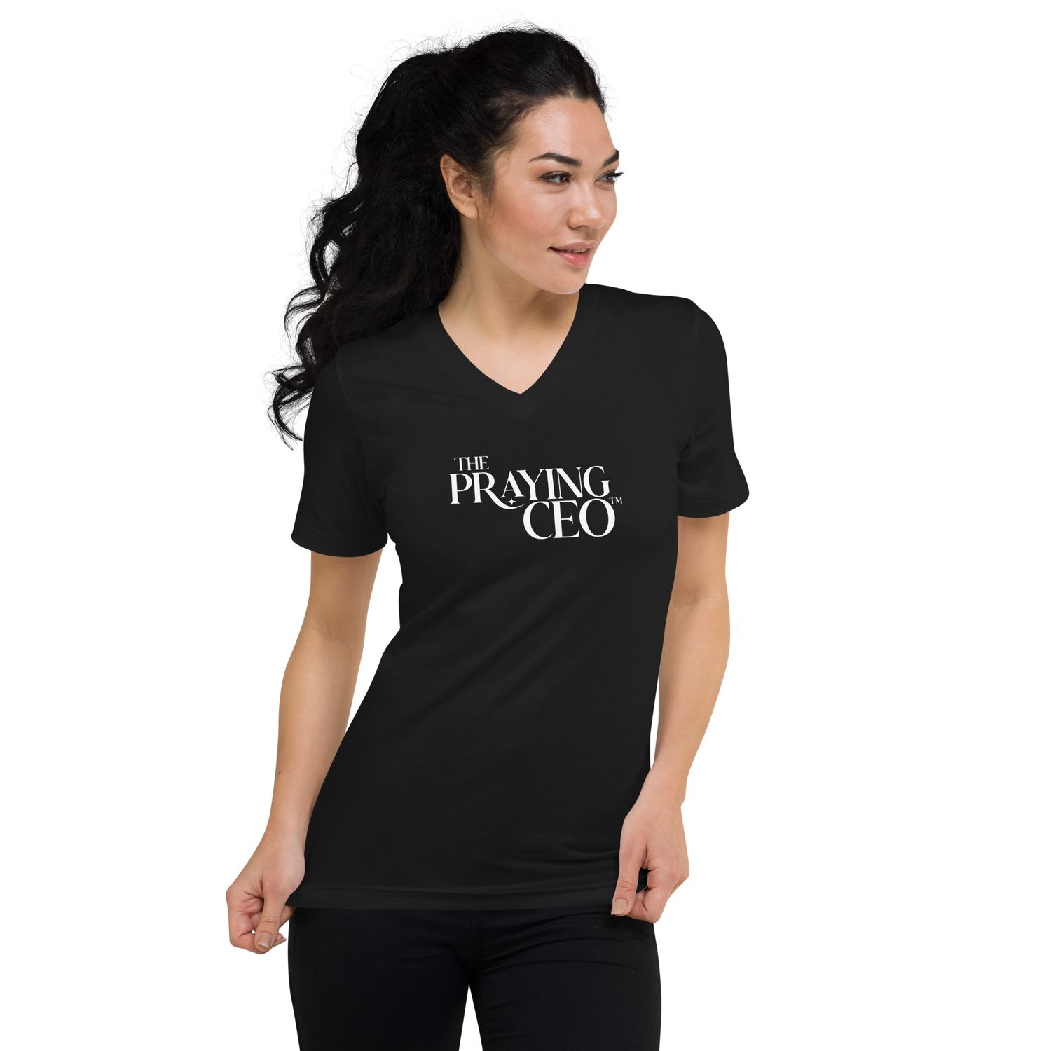 The Praying CEO White on Black Short Sleeve V-Neck Shirt