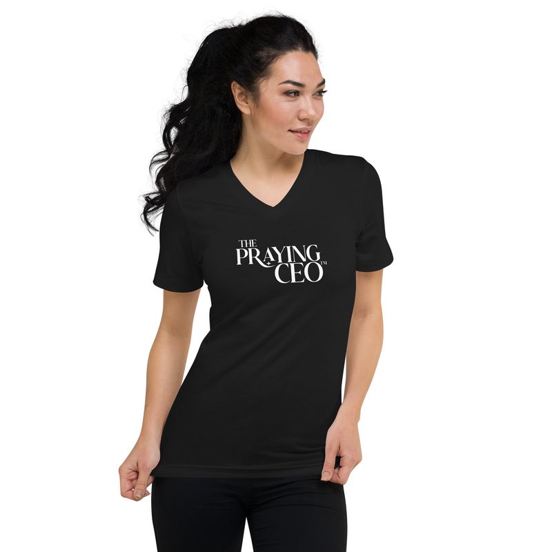 The Praying CEO White on Black Short Sleeve V-Neck Shirt