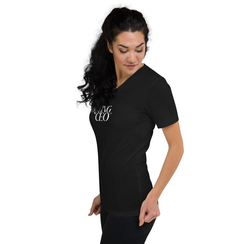 The Praying CEO White on Black Short Sleeve V-Neck Shirt