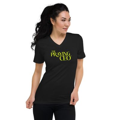 The Praying CEO Green on Black Short Sleeve V-Neck Shirt