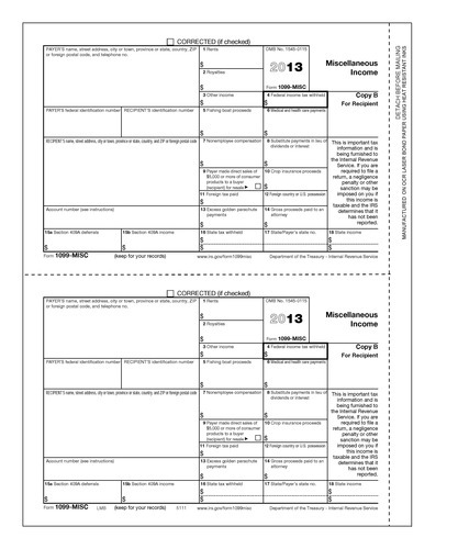 1099-MISC Form #5111 Recipient Copy B (Pkg. of 100 Forms)