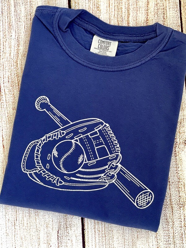 Baseball Trio Sketch on China Blue tee