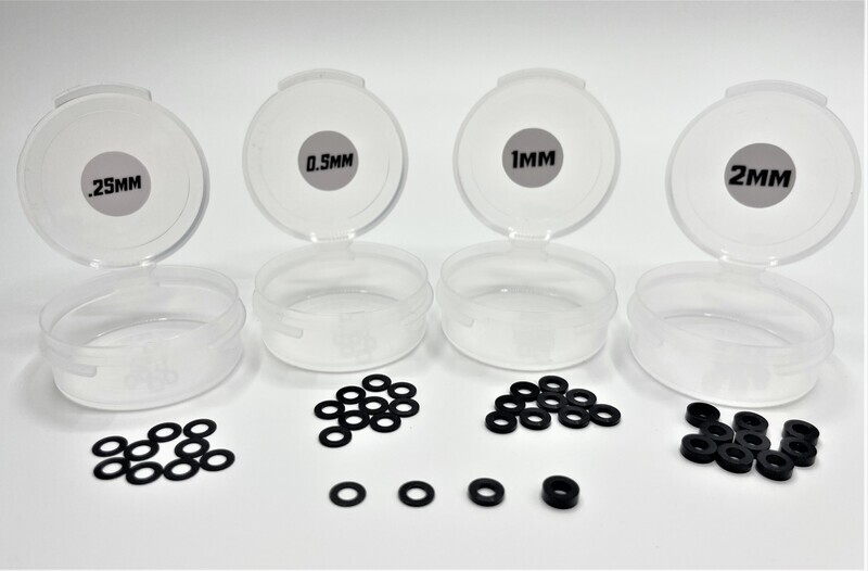 10th SCALE BALL STUD WASHER MULTI PACK (40PCS BLACK ALUMINUM) 3mmID, 6mmOD, 10pcs each (0.25mm, 0.5mm, 1mm, 2mm)
