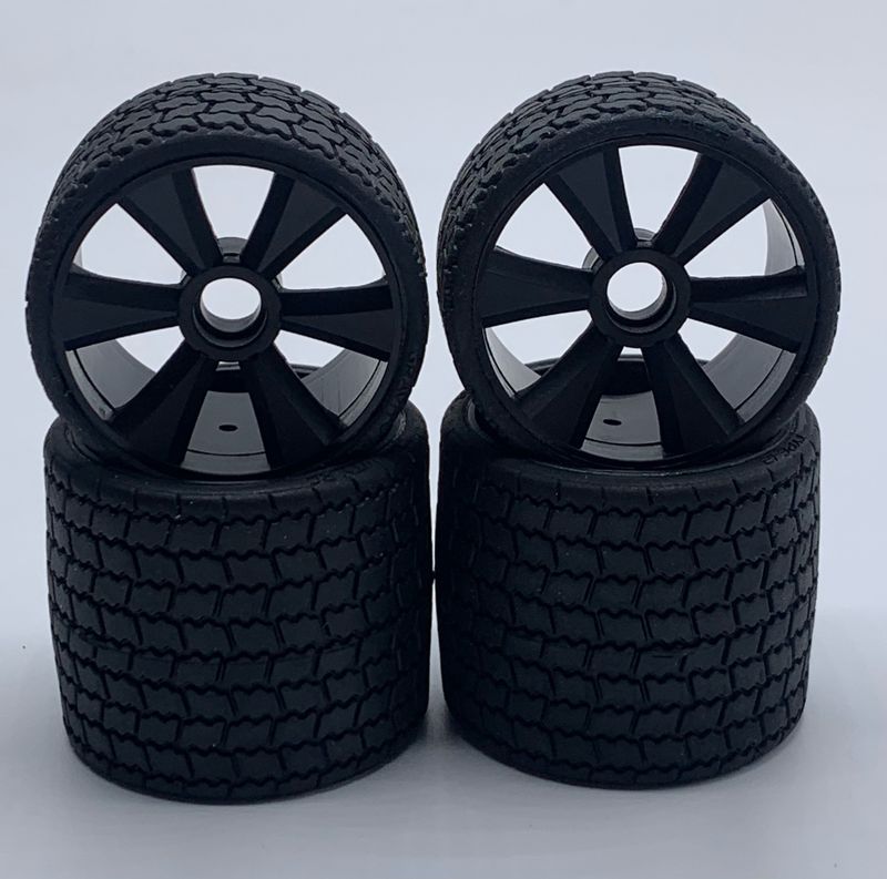 TYPE12 12th scale rubber tires, black wheel, set of 4, pre glued