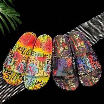 Women Graffiti Sliders Slides Slippers Mules Sandals Open Toe Flats Shoes