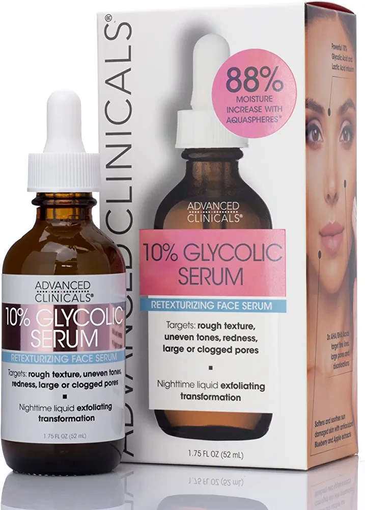 Advanced Clinicals 10% Glycolic Serum Retexturizing Face Serum for Rough Texture, Rough Spots, and Clogged Pores 1.75 Fl Oz