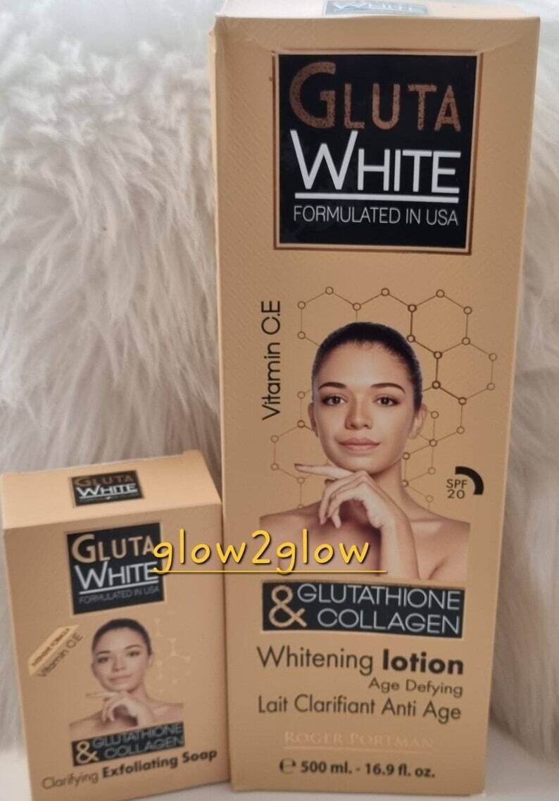 GLUTA WHITE Glutathione & Collagen Whitening [Vitamin C, E & SPF20  Lotion 500ml big bottle and Soap