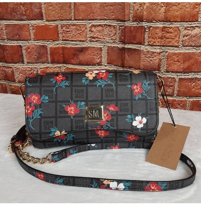 Steve Madden Btory Black and Floral Logo Bag Crossbody with Gold Chain NWT