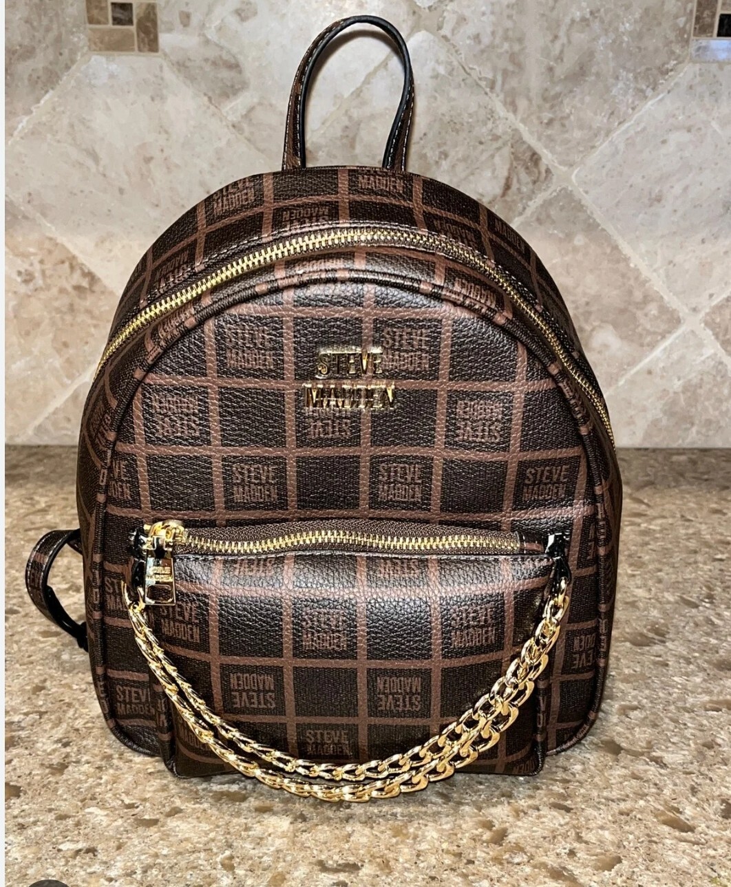 STEVE MADDEN BNURI AUTHENTIC WOMEN&#39;S SCHOOL WORK CHAIN BROWN  MINI BACKPACK